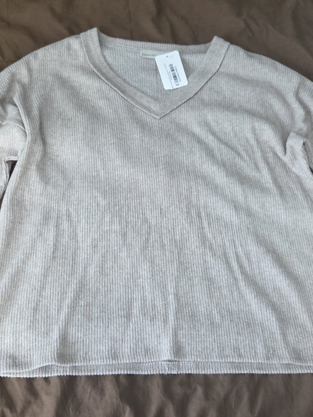 Zenana Outfitters Light Beige V-Neck Ribbed Long Sleeve Top